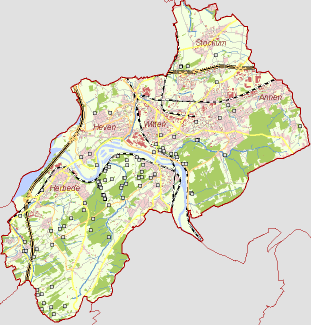 Der frühe Bergbau an der Ruhr - Aktuelle Übersichtskarte Stadt Witten