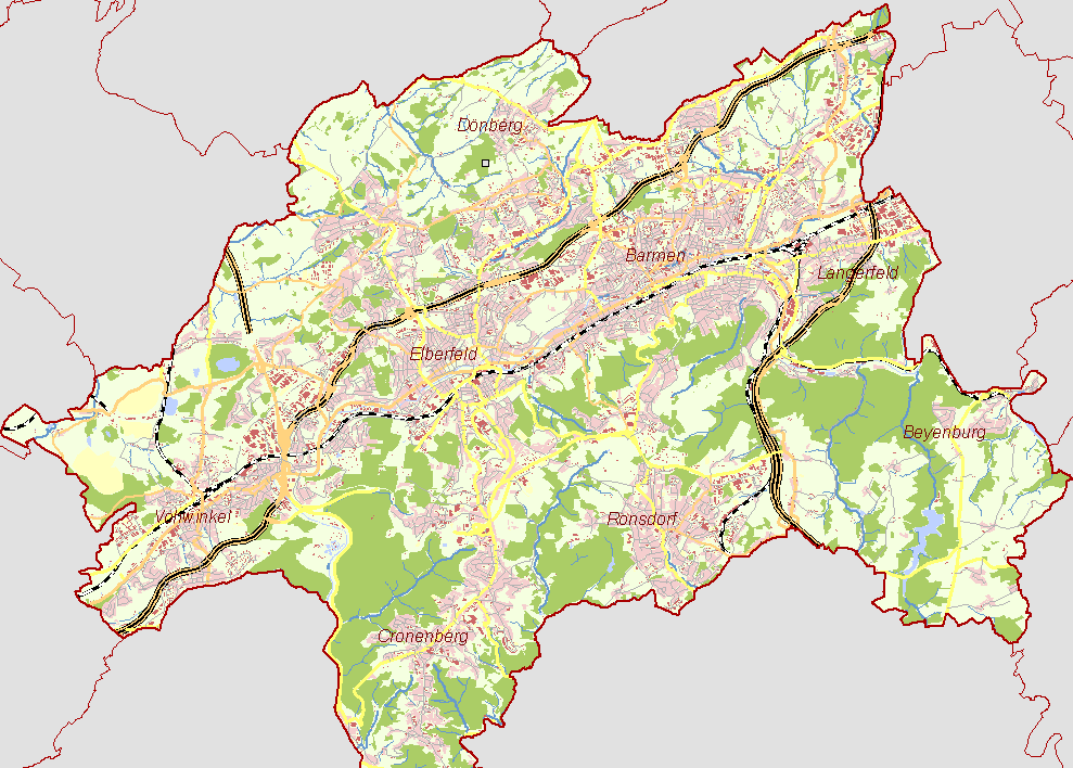 Der frühe Bergbau an der Ruhr - Aktuelle Übersichtskarte Stadt Wuppertal