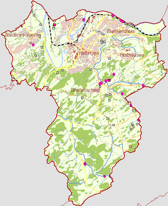 bersichtskarte Hattingen mit Bergbauspuren