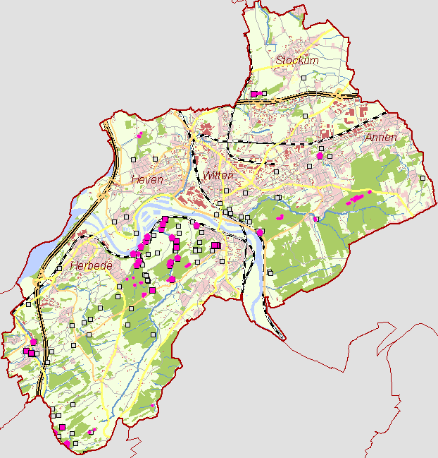 Übersichtskarte der Stadt Witten mit Bergbauspuren